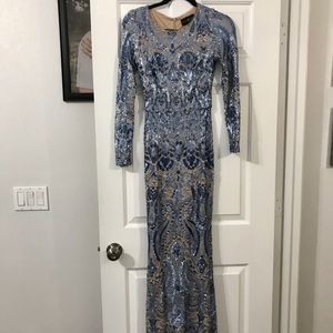 Betsy & Adam Blue Sequin Long Sleeve Dress